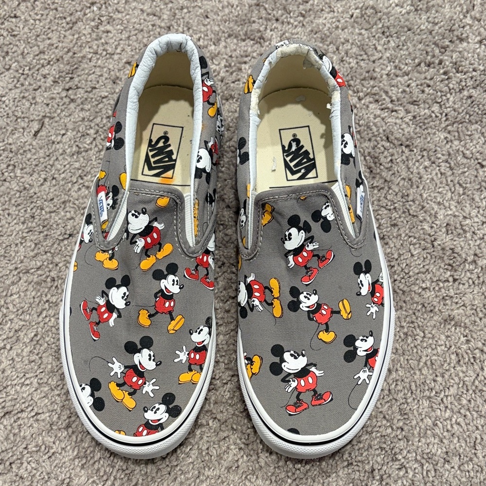 Vans  Grey Mickey Mouse Slip-On Sneakers with Red & Yellow Accents